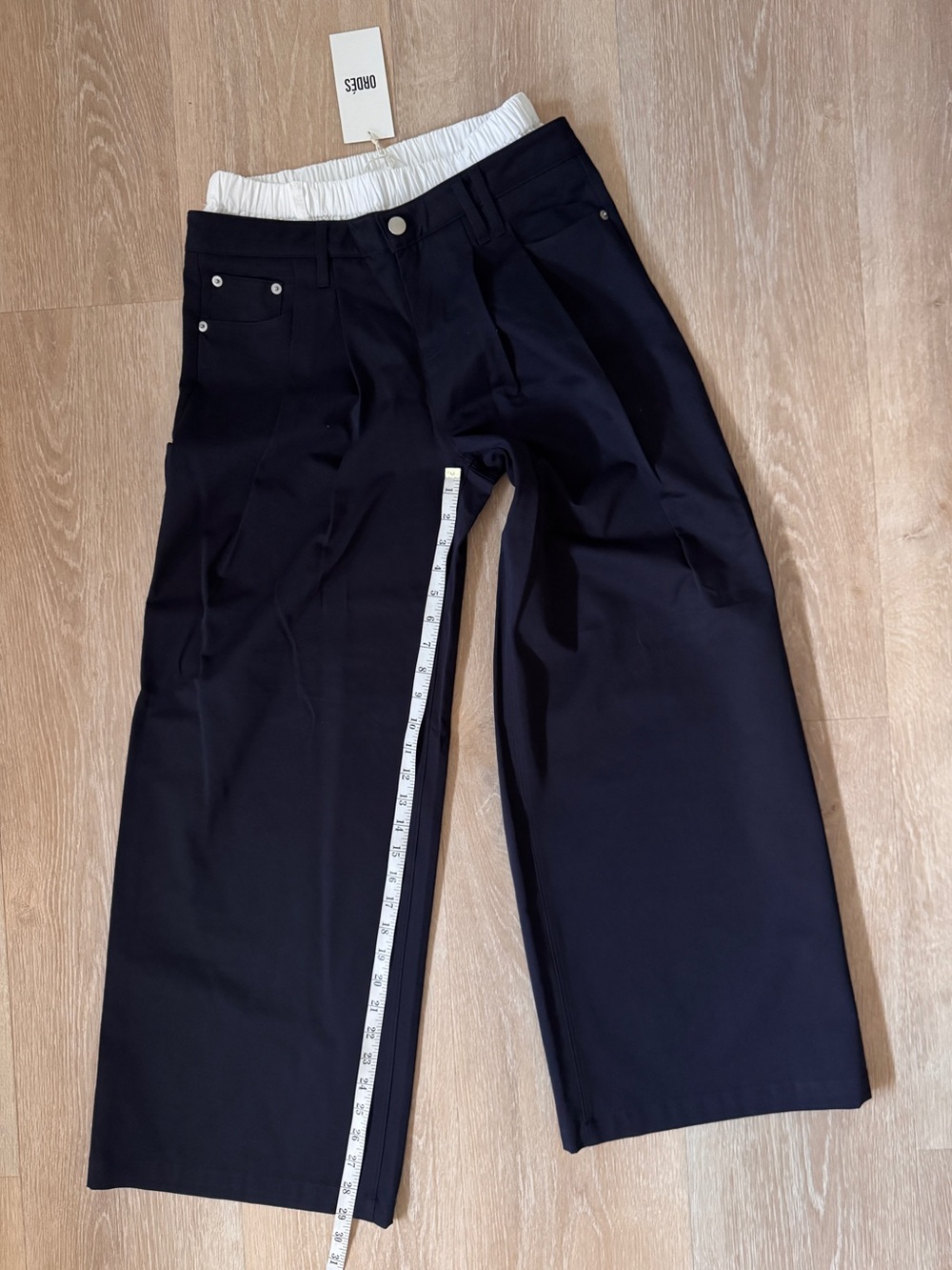 Wide-Leg Navy Women's Pants with Contrast White Waistband